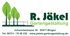 Logo R. Jäkel Gartengestaltung mit grünen Bäumen, Adresse, Telefonnummer und Webseite.