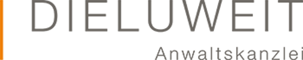 Logo der Anwaltskanzlei Dieluweit in grauer Schrift auf schwarzem Hintergrund.