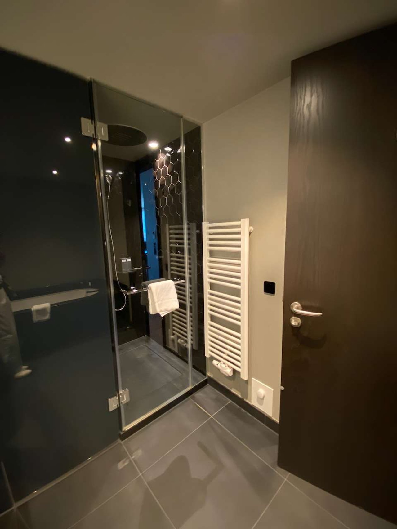 Bodengleiche Glasdusche mit Regendusche