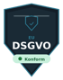 Dunkelblaues Schild mit hellblauer Umrandung und Text "EU DSGVO Konform" mit einem Häkchen-Symbol.