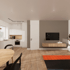 Moderne offene Küche und Wohnzimmer mit Holzboden, weißer Küche, grauer Wand und Fernseher über Holzkonsole.