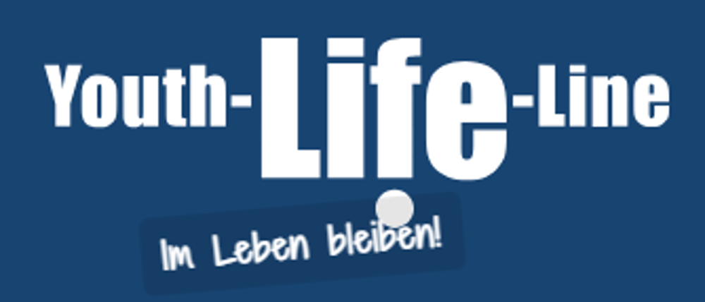 Logo von Youth-Life-Line mit dem Slogan „Im Leben bleiben!“ in weißer Schrift auf blauem Hintergrund.