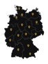 Karte von Deutschland mit Bundeslandgrenzen und 16 goldenen Standortmarkierungen.