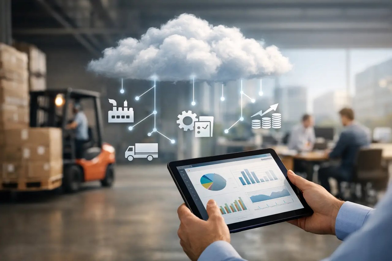 Tablet zeigt Daten-Dashboards vor einer Cloud, die vernetzte Symbole für Logistik und Industrie in einem Lagerhaus steuert.