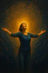 Frau mit ausgebreiteten Armen schaut lächelnd zu einem goldenen Lichtstrahl auf, umgeben von winzigen goldenen Zeichen.