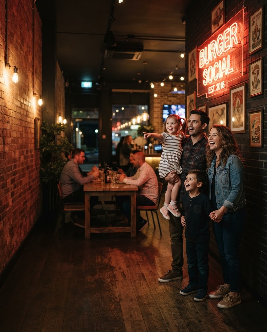 Familie im Burger-Restaurant blickt zu den LED-Postern