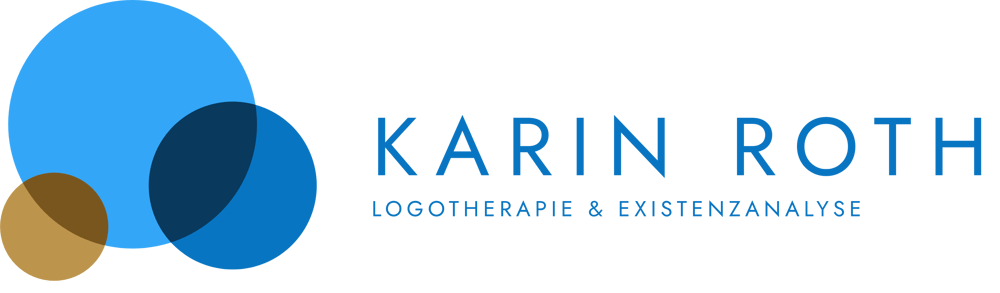 Logo Karin Roth Logotherapie & Existenzanalyse mit abstrakten blauen und braunen Kreisen auf schwarzem Hintergrund.