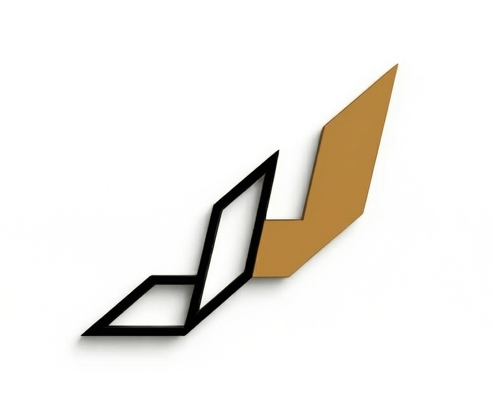 Stilisiertes rotes und schwarzes Logo mit scharfen, eckigen Formen, die an Buchstaben erinnern.