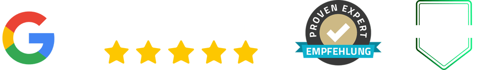 Google Rating 5/5, fünf goldene Sterne, grünes Schild-Logo mit "INPOLO.DE".