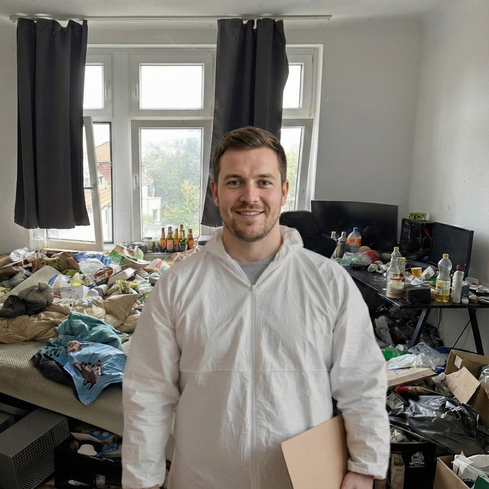 Mitarbeiter im Schutzanzug mit Unterlagen in einer Messiewohnung