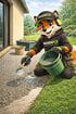 Fuchs-Maskottchen mit Kappe und Hoodie, kniet und schaufelt Kies aus einem Eimer auf eine Fläche neben Rasen.