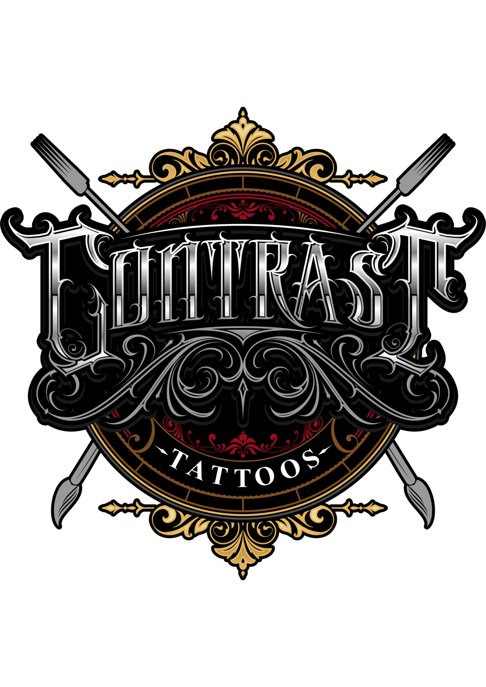 Verziertes Logo mit "CONTRAST TATTOOS" in silbernen Buchstaben, umrahmt von Gold und Rot, mit zwei Tätowiernadeln.