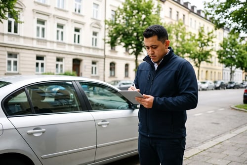 KFZ-Gutachter bei einer Fahrzeugbegutachtung auf einer Straße in München-Schwabing
