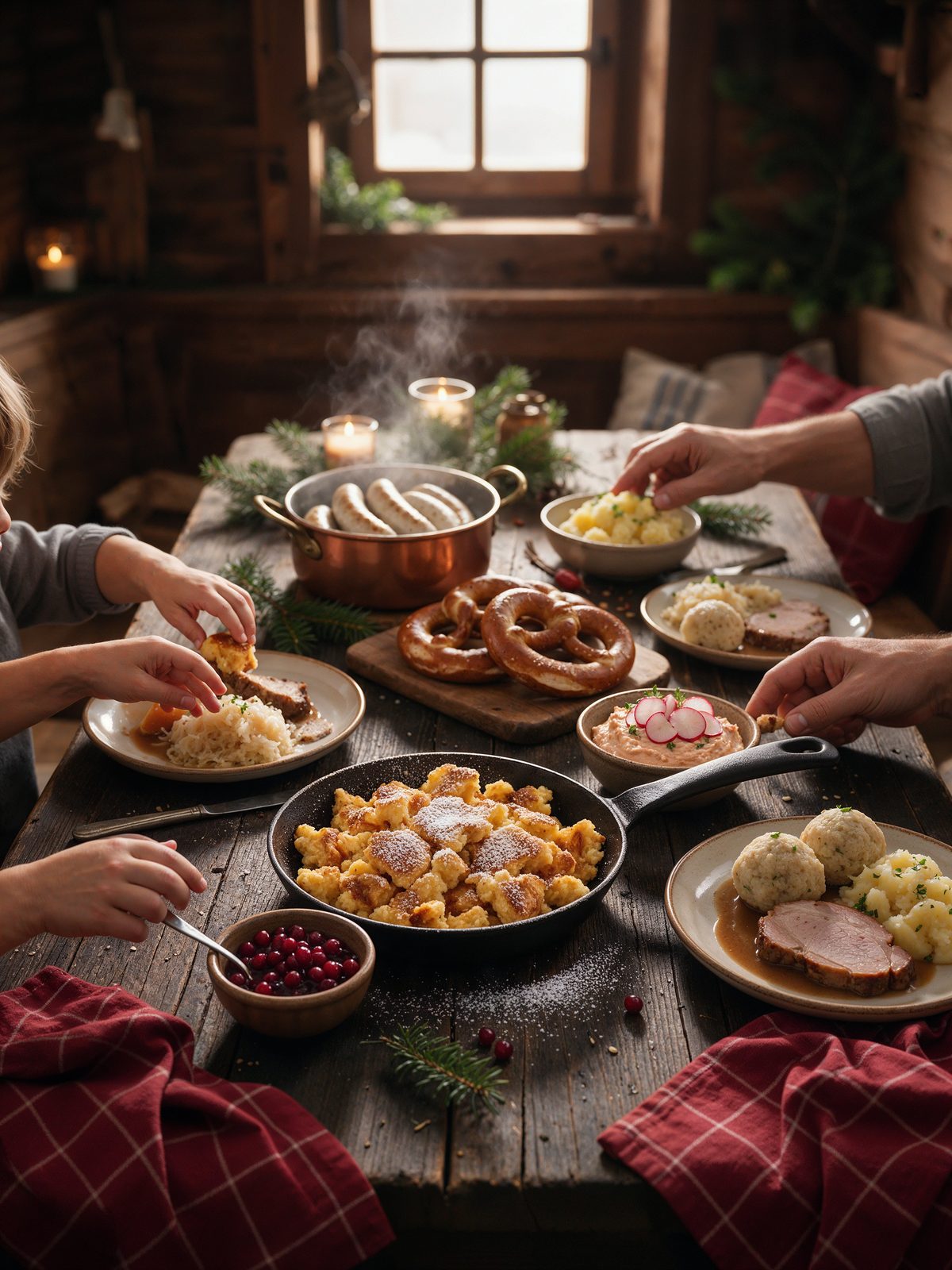 Gedeckter Holztisch im Chalet mit Kaiserschmarrn, Weißwürsten, Brezn und Schweinebraten