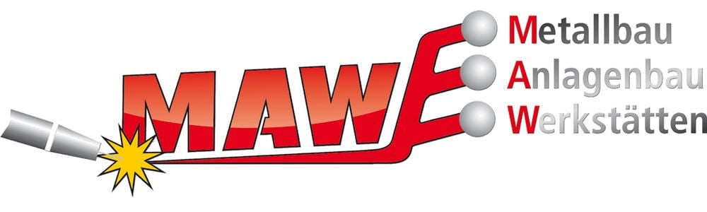 Logo MAW mit Schweißbrenner, Funken und den Wörtern "Metallbau", "Anlagenbau", "Werkstätten".