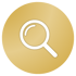 Biała ikona lupy na złotym, okrągłym tle.