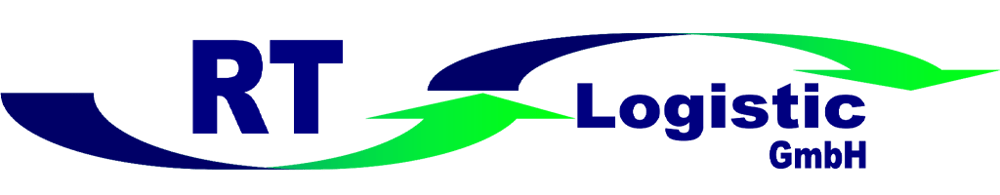 Logo mit blauem "RT Logistic GmbH" Schriftzug und zwei geschwungenen Pfeilen in Dunkelblau und Grün.