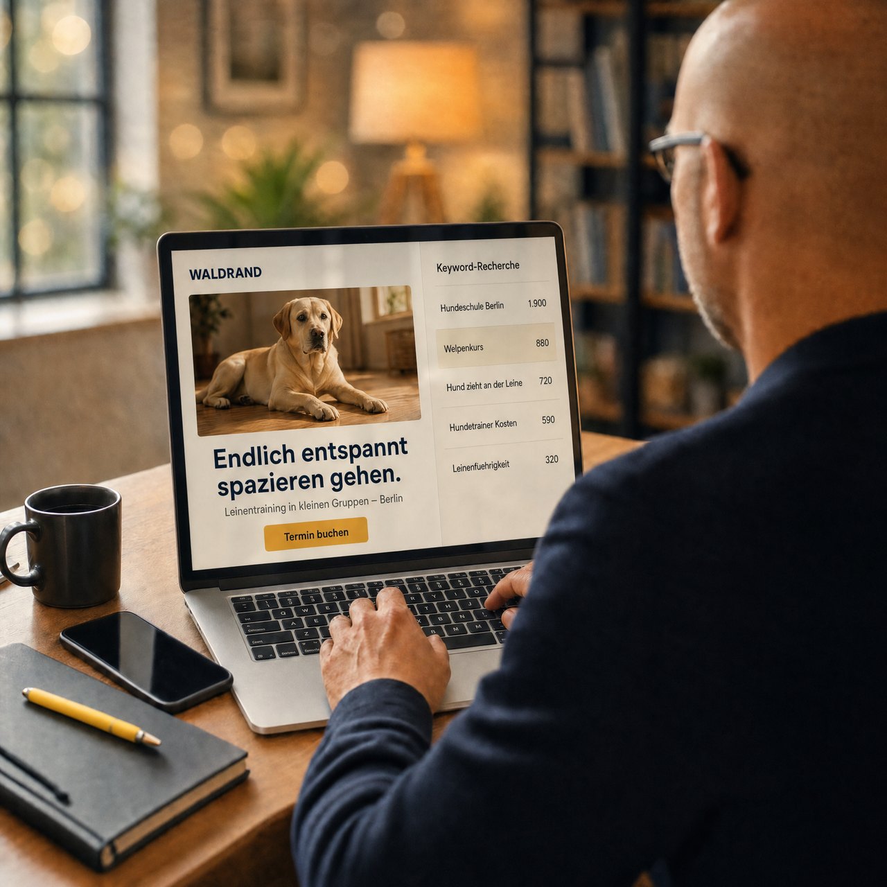 Hundedienstleister am Laptop mit professioneller Website und Keyword-Recherche – WORTKERN erstellt Webseiten für Hundeschulen, Hundetrainer und Hundedienstleister, die mehr Anfragen bringen