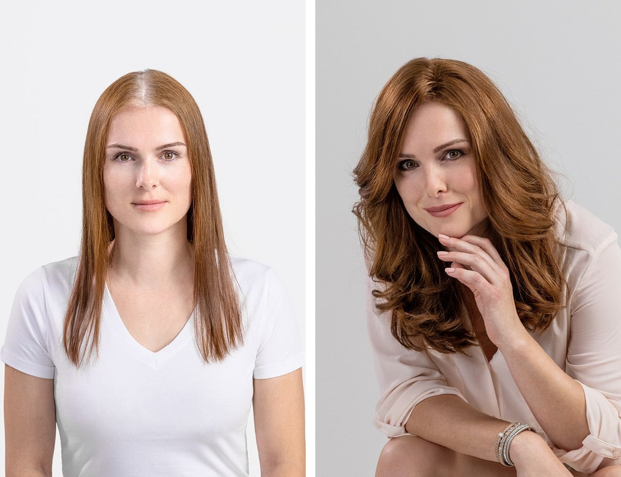 Frau vor und nach einer Haartransformation – von glattem Haar mit grauen Strähnen zu roten Locken