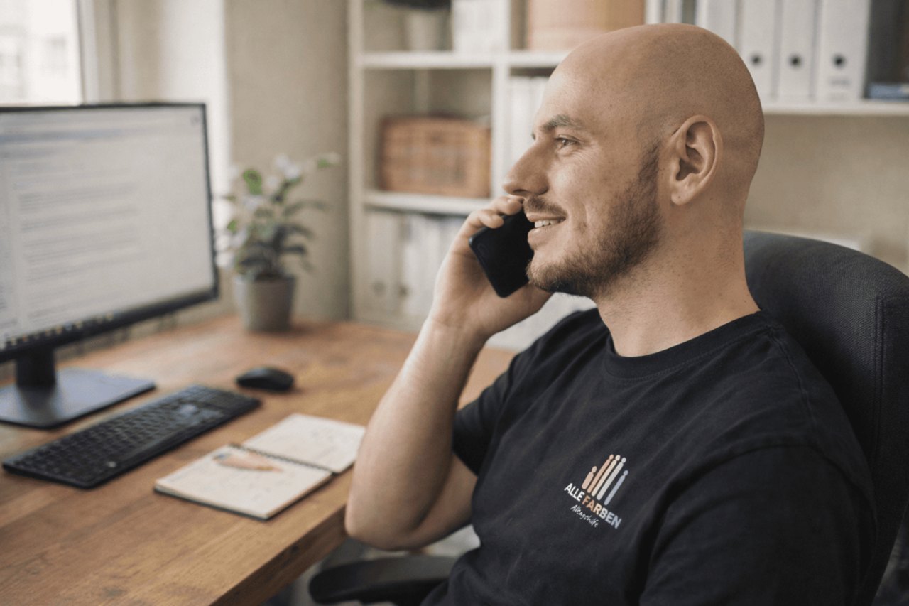 A man smiling on the phone at his desk with a computer and notebook.