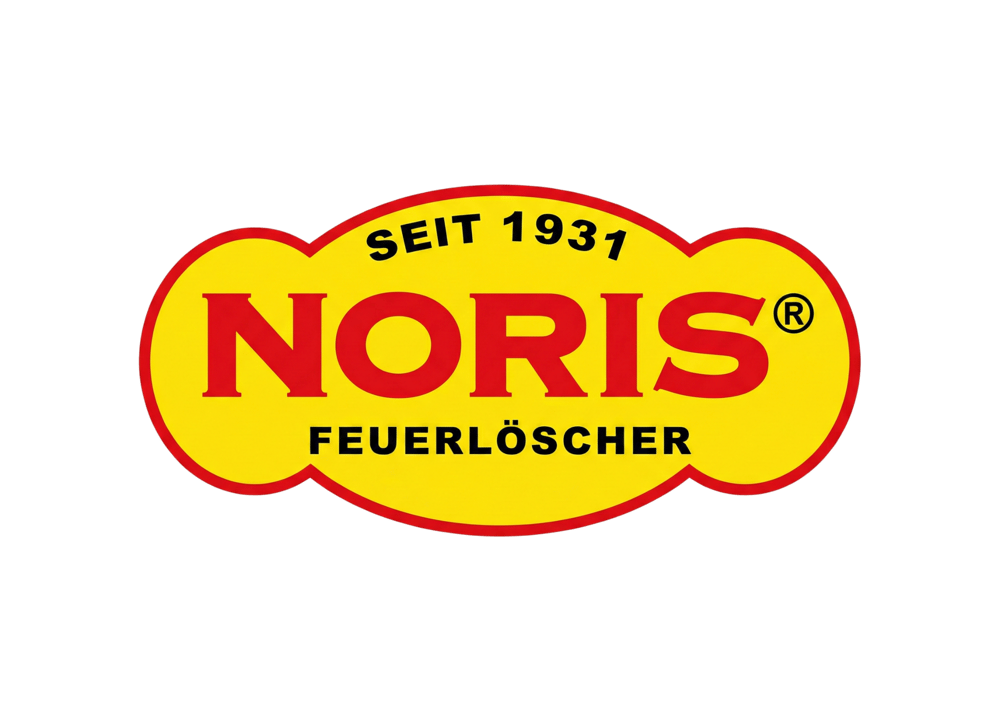 Rotes "NORIS" Logo auf gelbem Oval mit "SEIT 1931" und "FEUERLÖSCHER" auf grünem Hintergrund.