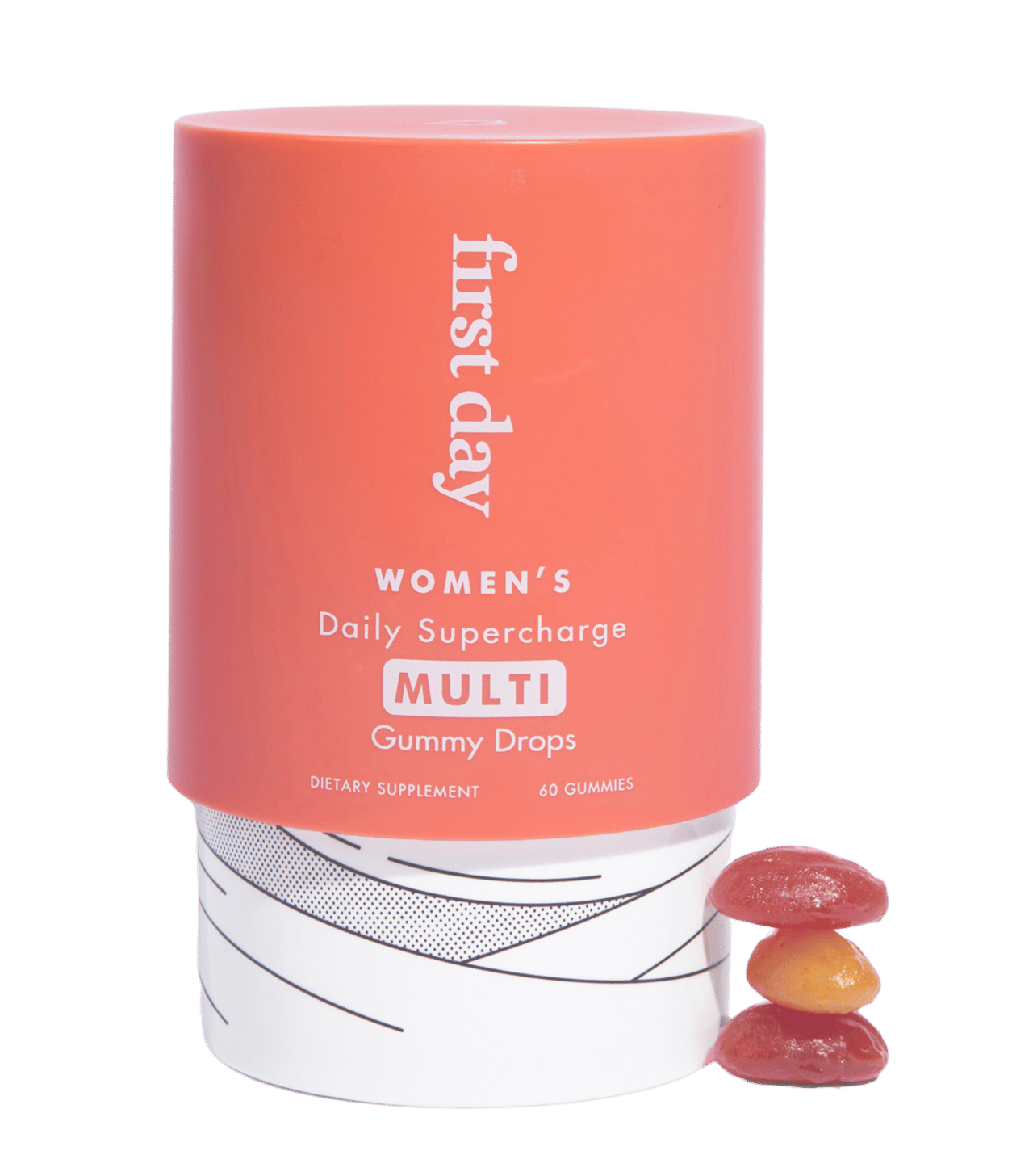 Container of women's multivitamin gummy drops with three gummies beside it.