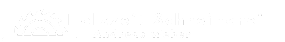 Weißes Sägeblatt-Symbol und Text "Holzzeit Schreinerei Andreas Weber" auf dunkelgrünem Hintergrund.