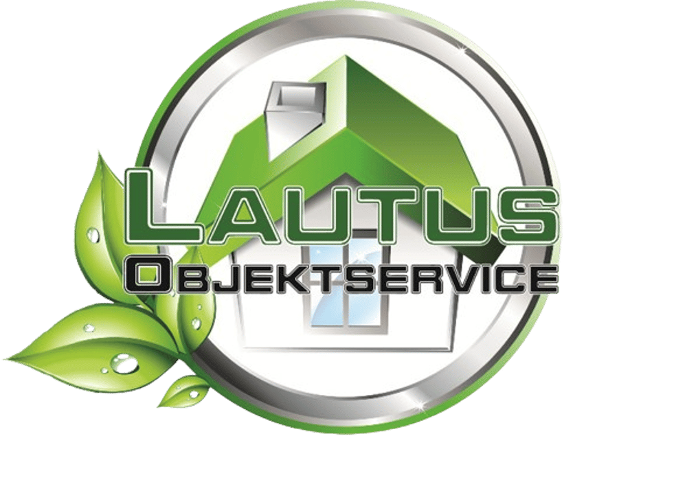 Logo von Lautus Objektservice mit grünem Hausdach, Blättern und silbernem Kreis auf schwarzem Hintergrund.