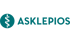 Asklepios Logo mit Äskulapstab in weiß und blaugrüner Schrift auf dunkelgrünem Hintergrund.