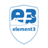 Blaues Element3-Logo in Schildform mit Bergen und Text "element3".