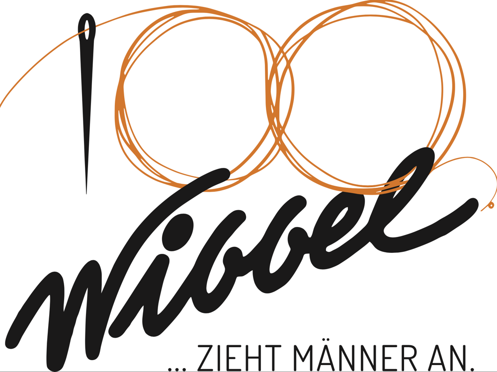 Schwarze Schrift „Wibbel“ mit orangefarbenem Faden, der die Zahl „100“ und eine Nadel bildet.