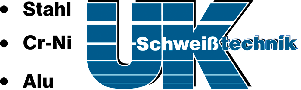 UK Schweißtechnik Logo mit Aufzählungspunkten: Stahl, Cr-NI, Alu