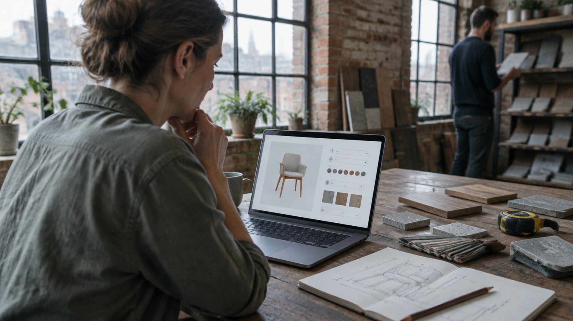 Frau an einer Werkbank in einem Berliner Loft, auf dem Laptop ein Produktkonfigurator mit Vorschau und Optionen, daneben Materialmuster und ein Maßband