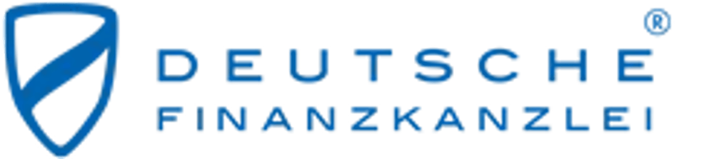 Blaues Logo mit Schildsymbol und Text "DEUTSCHE FINANZKANZLEI" mit registriertem Warenzeichen.