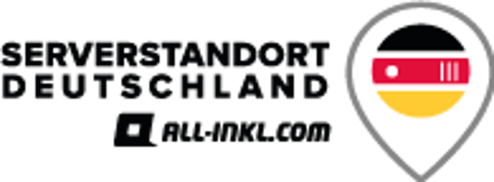 Logo mit Text Serverstandort Deutschland von all-inkl.com und Standort-Pin in den Farben der deutschen Flagge.