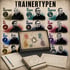 Übersicht verschiedener Trainertypen mit Porträts von Fußballtrainern, Symbolen und Taktik-Notizbüchern um ein Tablet.