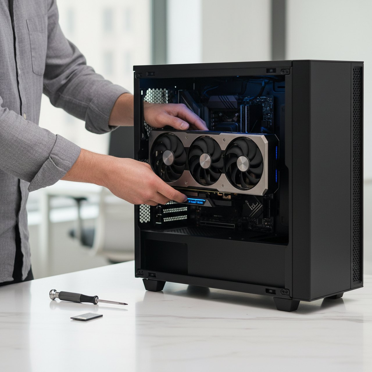 PC Vor Ort Service München – Techniker baut Grafikkarte in PC ein