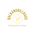 Goldenes Logo Balkangrillhaus Restaurant & Bar mit gekreuztem Besteck in einem Kreis auf schwarzem Hintergrund.