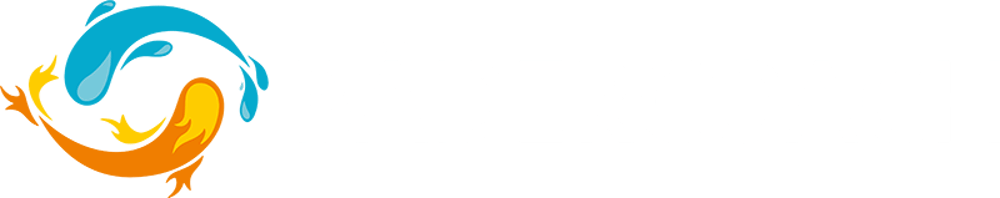 Logo mit zwei stilisierten Fischen in Blau und Orange neben dem Schriftzug „BÄDERCOACH“ in Weiß.