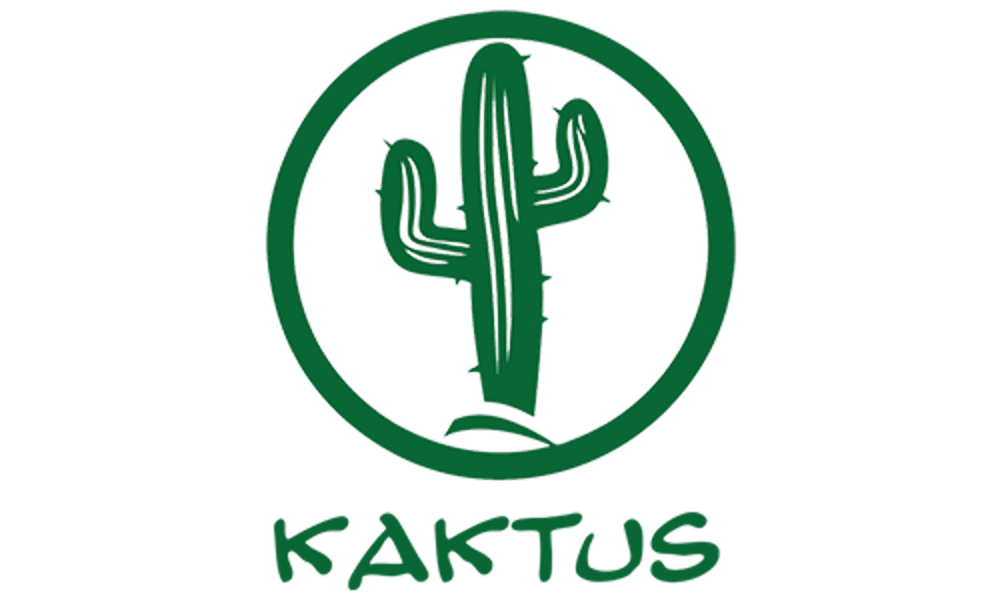 Grüner Kaktus in einem Kreis mit dem Schriftzug Kaktus auf schwarzem Hintergrund.