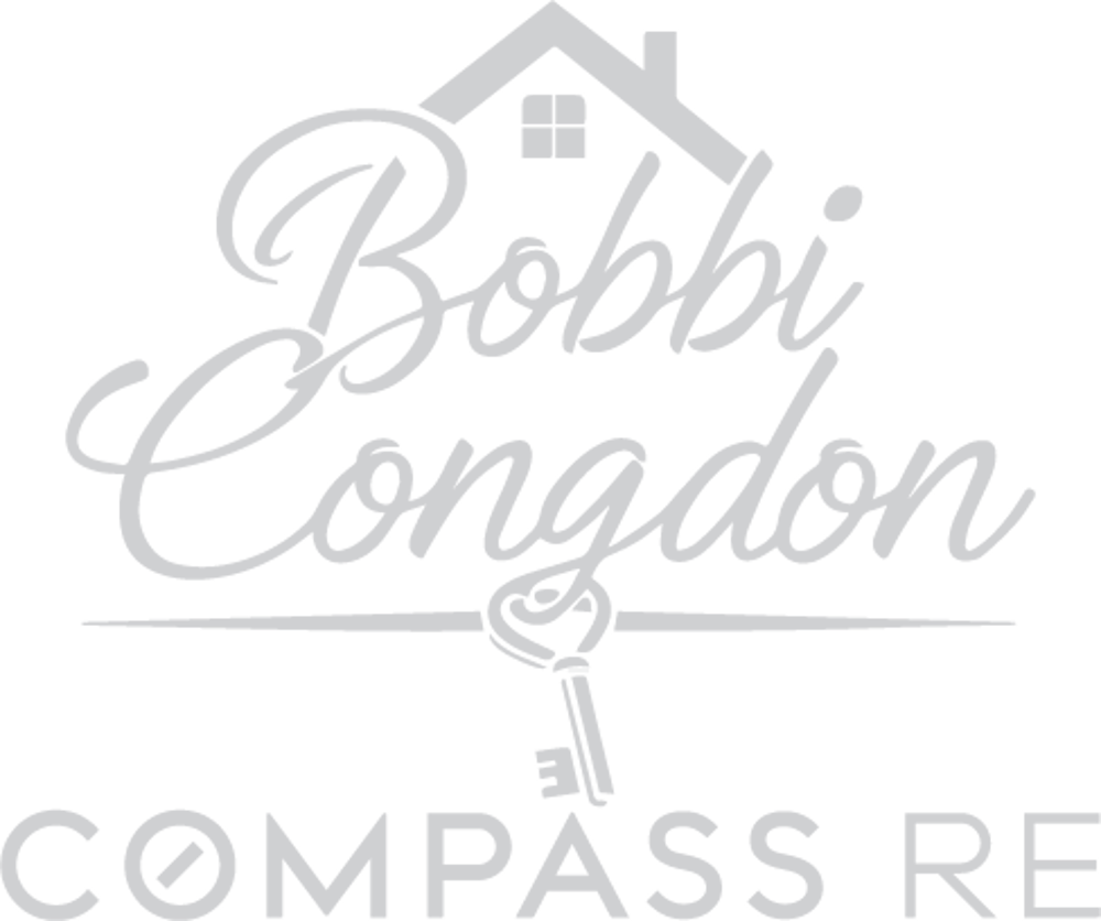 White "Bobbi Congdon" script text with a house icon above and an antique key below, on a green background.