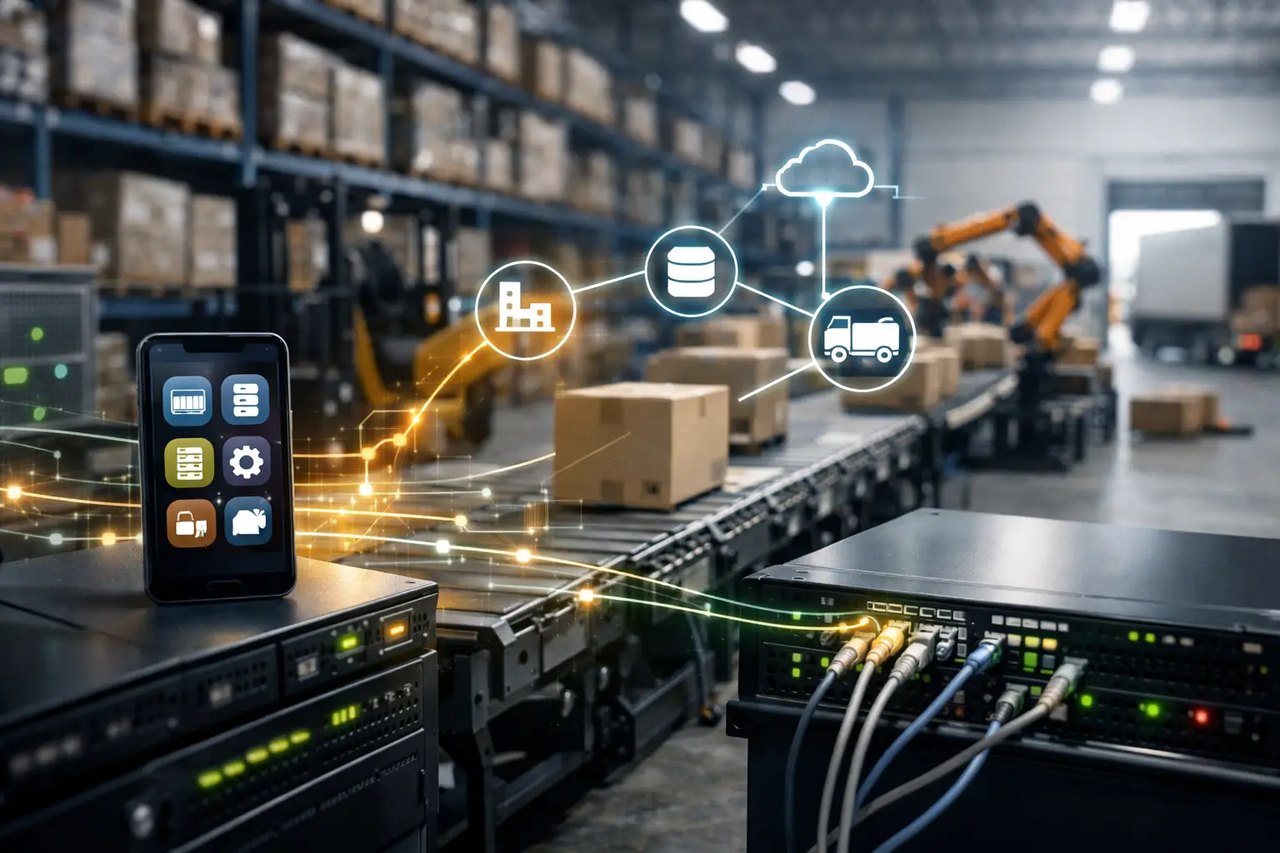 Vernetztes Lagerhaus mit Servern, Smartphone und digitalen Symbolen für Logistik, Cloud und Daten auf einem Förderband.
