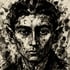 Porträt von Franz Kafka in Schwarz-Weiß mit dunklen Augen und groben Pinselstrichen, die Farbspritzer erzeugen.