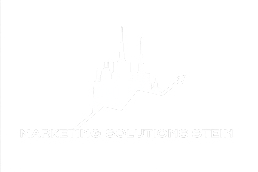 Blaues Stadtbild mit Aufwärtspfeil und Text "MARKETING SOLUTIONS STEIN".