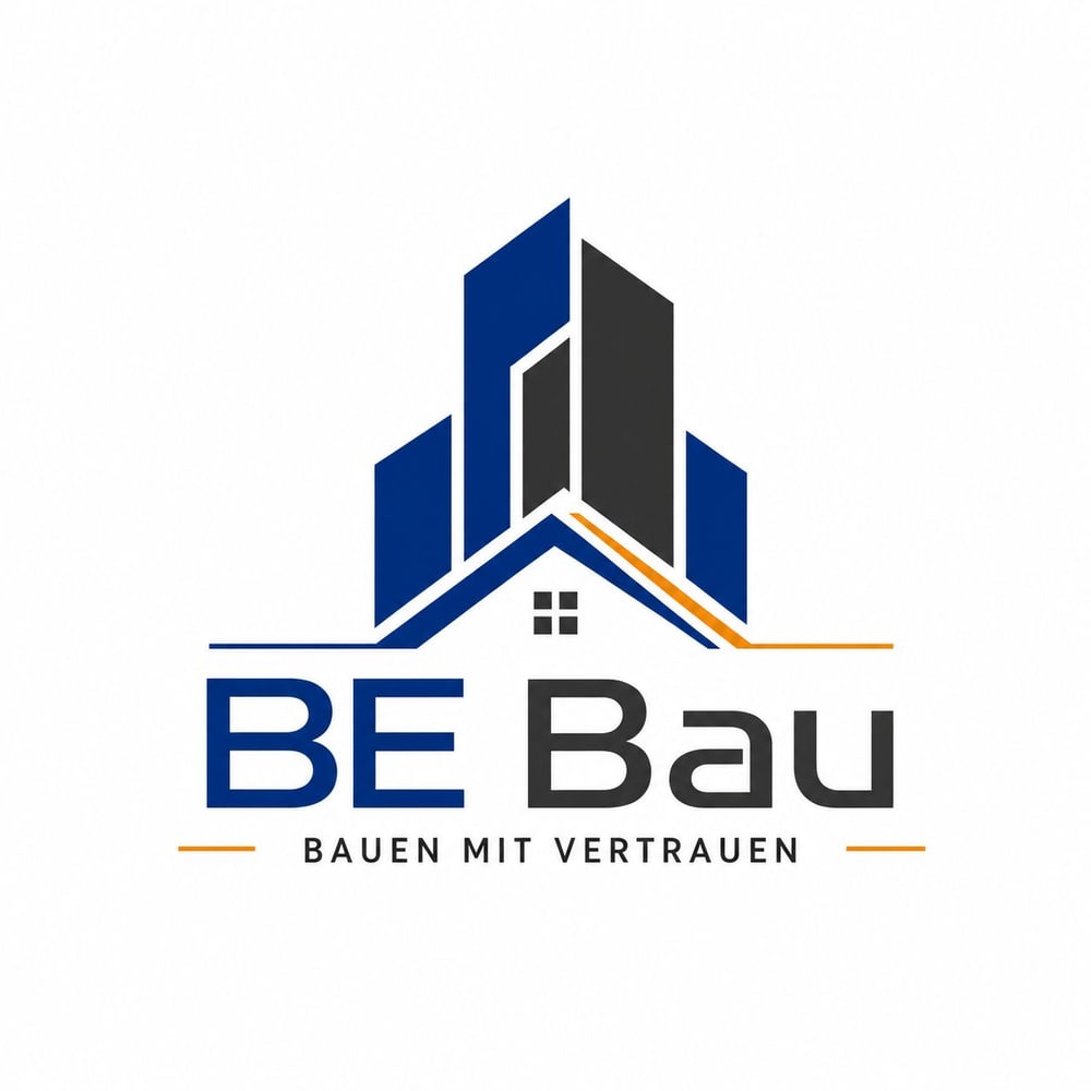 BE Bau Logo Bauen mit Vertrauen in Blau und Grau.
