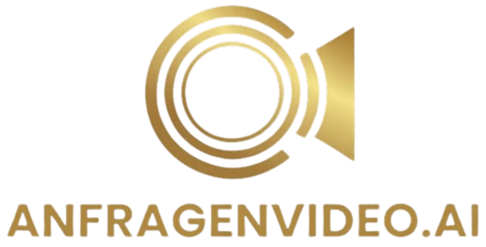 Goldenes Logo mit kreisförmigen Elementen, die eine Kamera und einen Lautsprecher bilden, darunter der Text "ANFRAGENVIDEO.AI".