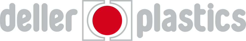 Deller Plastics Logo mit grauem Text und rotem Kreis im grauen Quadrat.