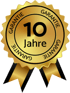 Goldenes Garantiesiegel mit schwarzer Aufschrift "10 Jahre" und "Garantie" im Kreis, darunter ein goldenes Band.