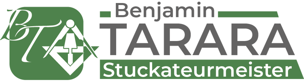 Logo mit Initialen "BT", einem Zirkel und Winkel, daneben "Benjamin TARARA Stuckateurmeister".