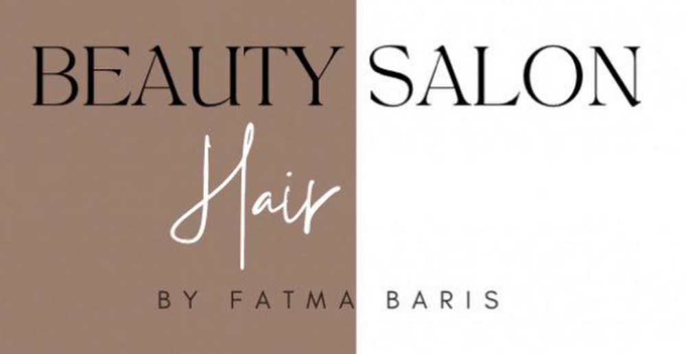 Beauty Salon Hair by Fatma Baris Logo mit braunem und weißem Hintergrund.